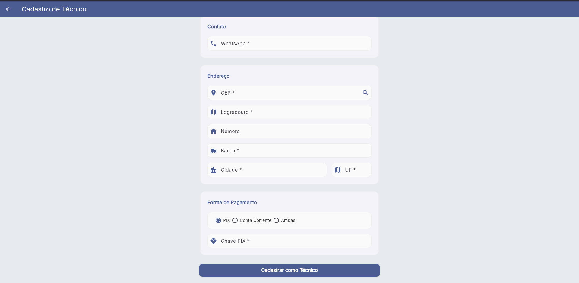 Cadastro de técnico — continuação