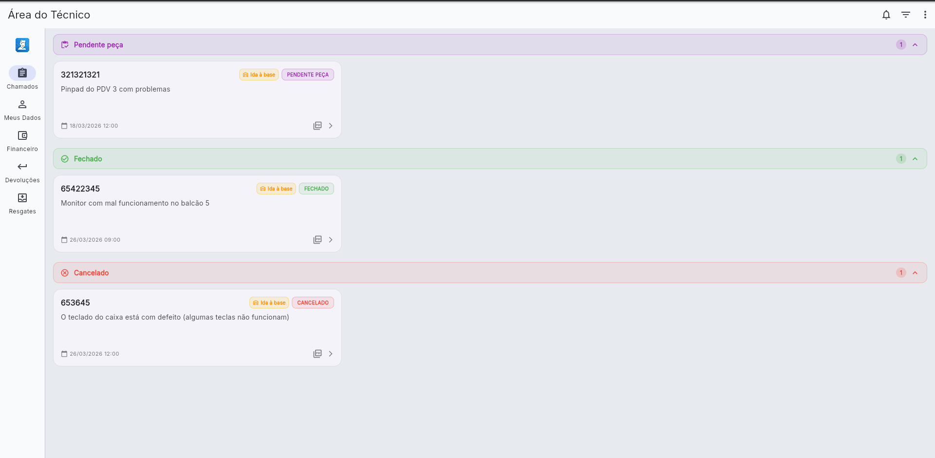 Chamados do técnico