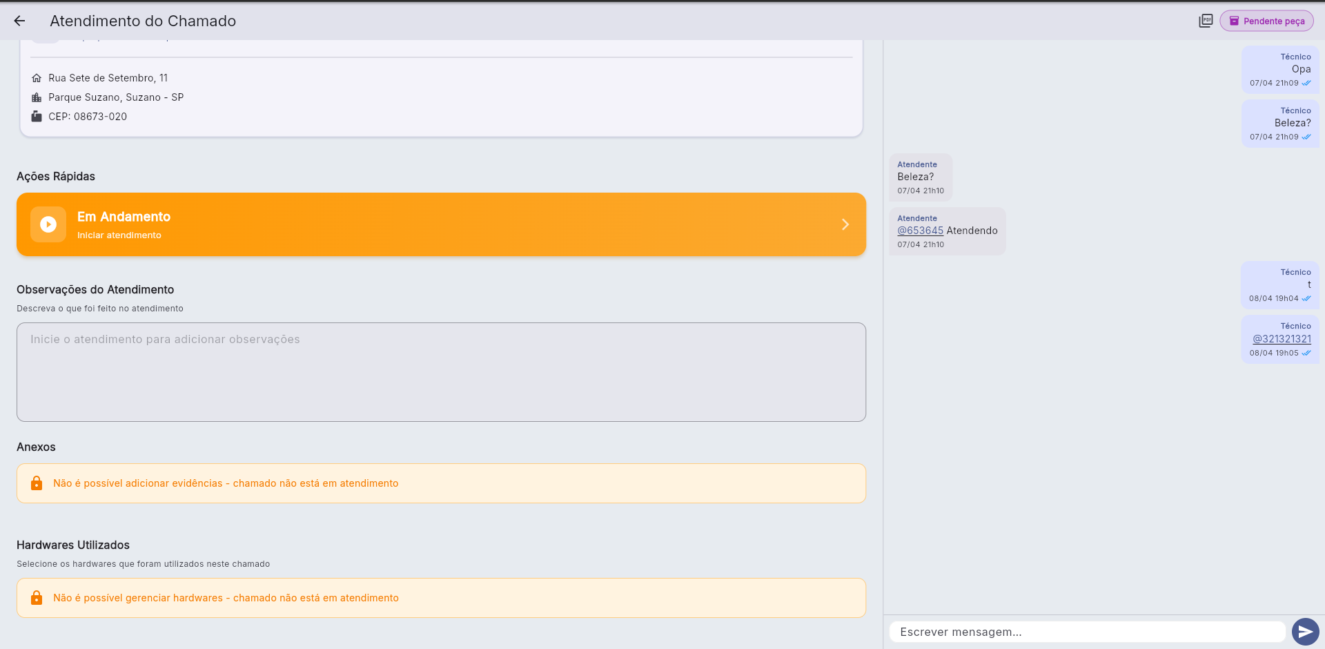 Detalhes do chamado — continuação