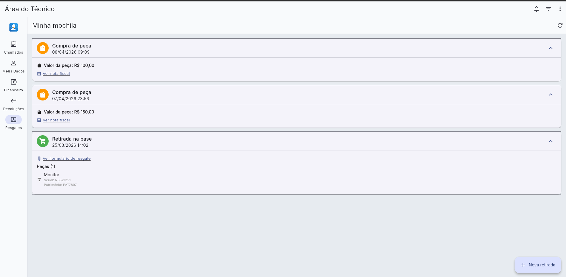 Resgates e compras de peças