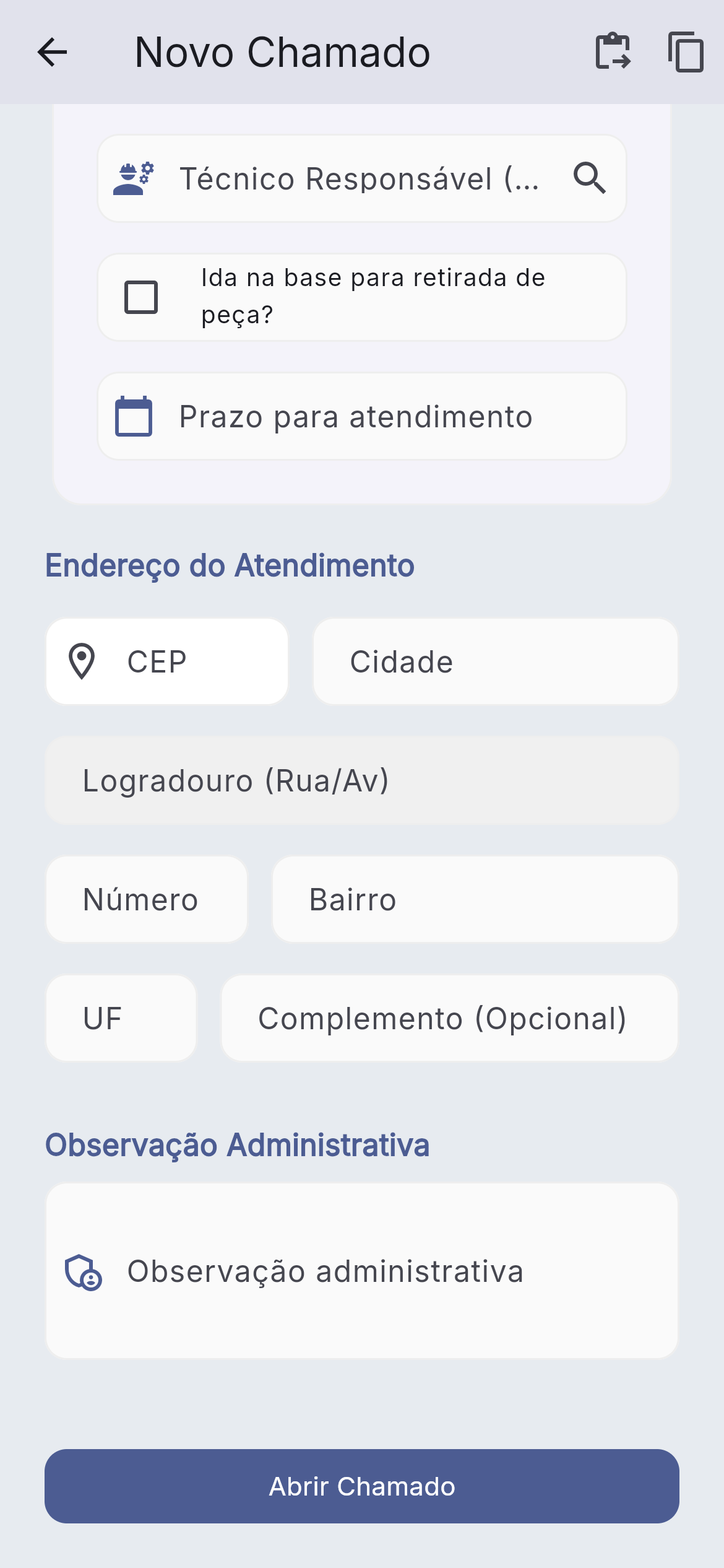 Novo chamado — detalhes