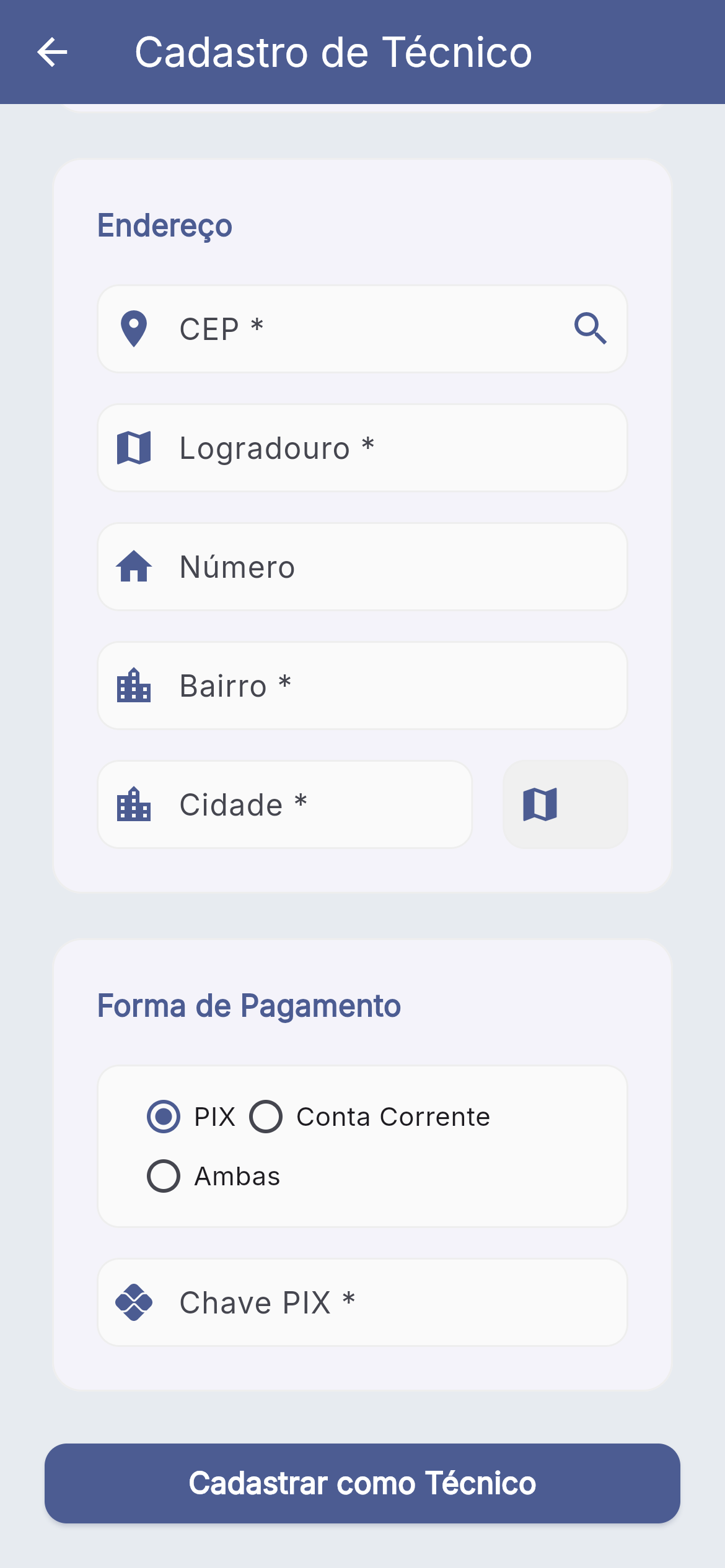 Cadastro de técnico — continuação